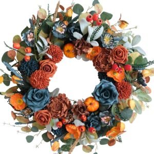 24 Inch Handcrafted Autumn Floral Wreath with Hydrangeas, Roses, Pumpkins and Berries