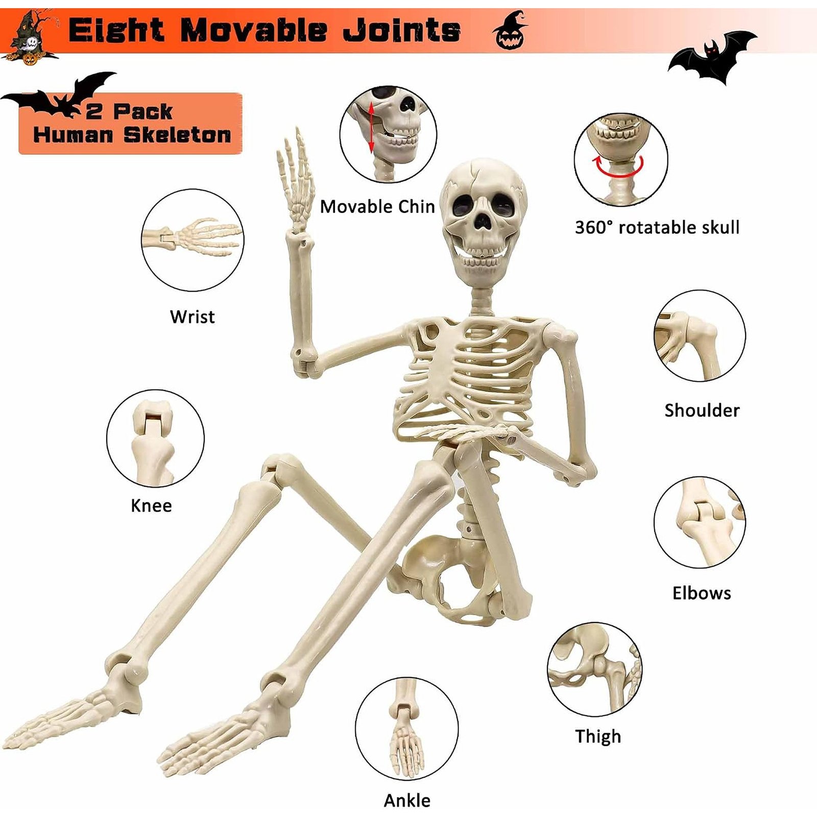 2 Pack 36 Inch Posable Halloween Skeleton Decorations with Adjustable Joints - Image 4