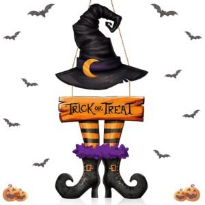 Halloween Witch Wooden Door Sign with Trick or Treat Design, 23.23 x 10.63 Inch