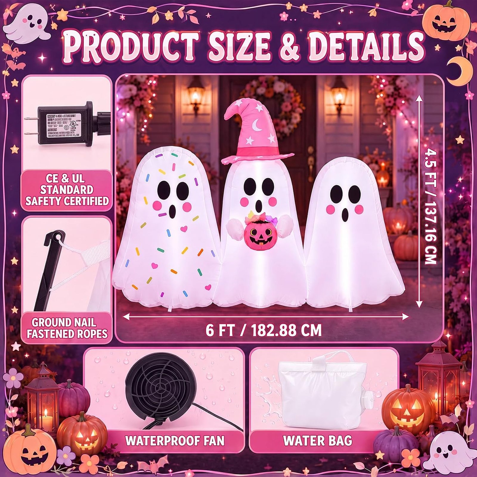 6 Ft Pink Pastel Ghost Halloween Inflatable Outdoor Decoration with LED Lights - Image 2