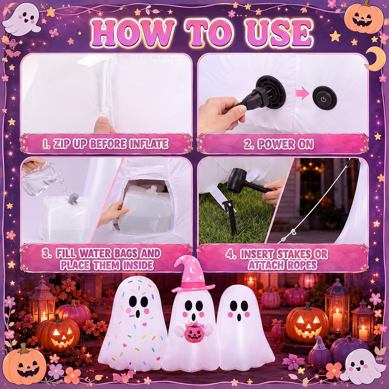 6 Ft Pink Pastel Ghost Halloween Inflatable Outdoor Decoration with LED Lights - Image 5