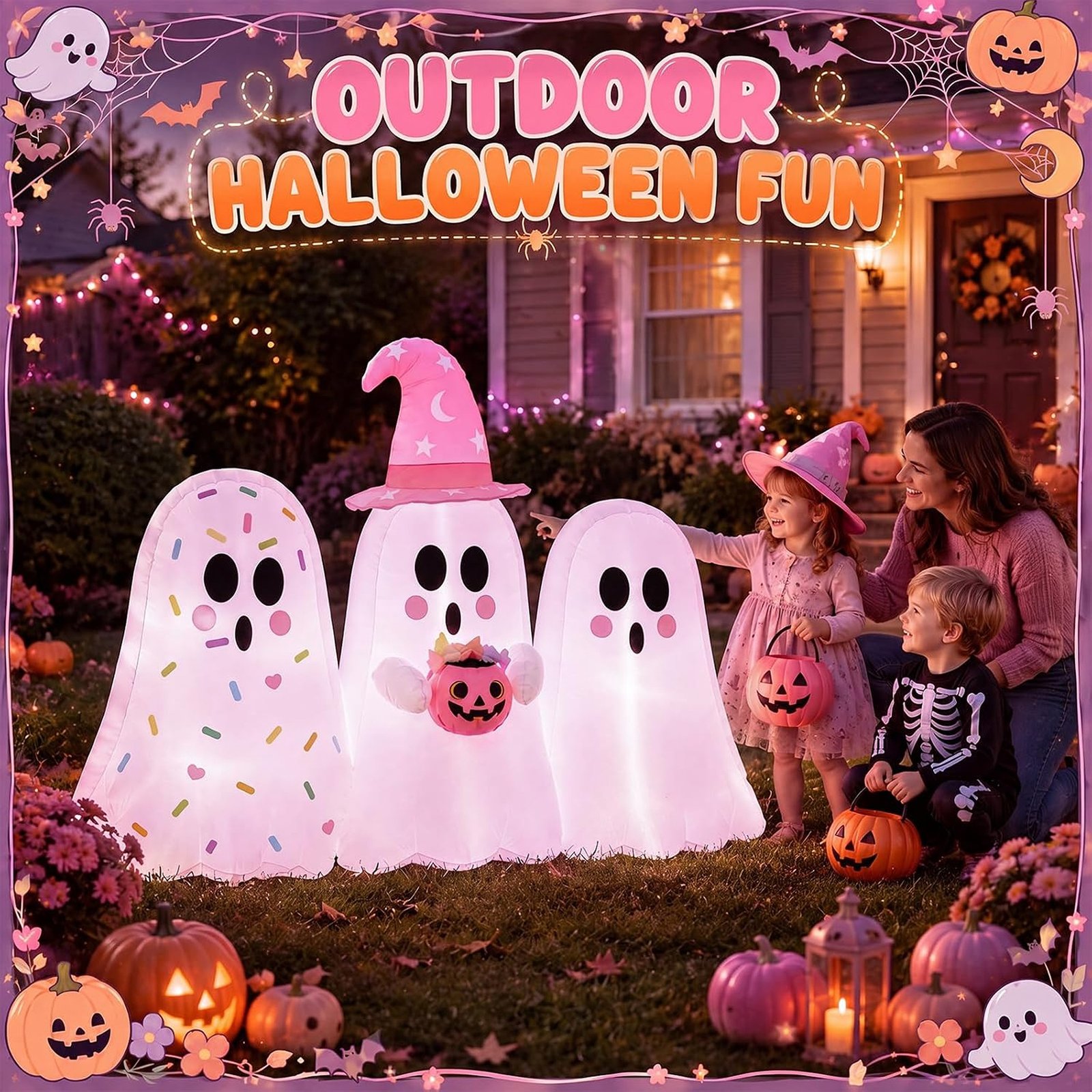 6 Ft Pink Pastel Ghost Halloween Inflatable Outdoor Decoration with LED Lights - Image 4