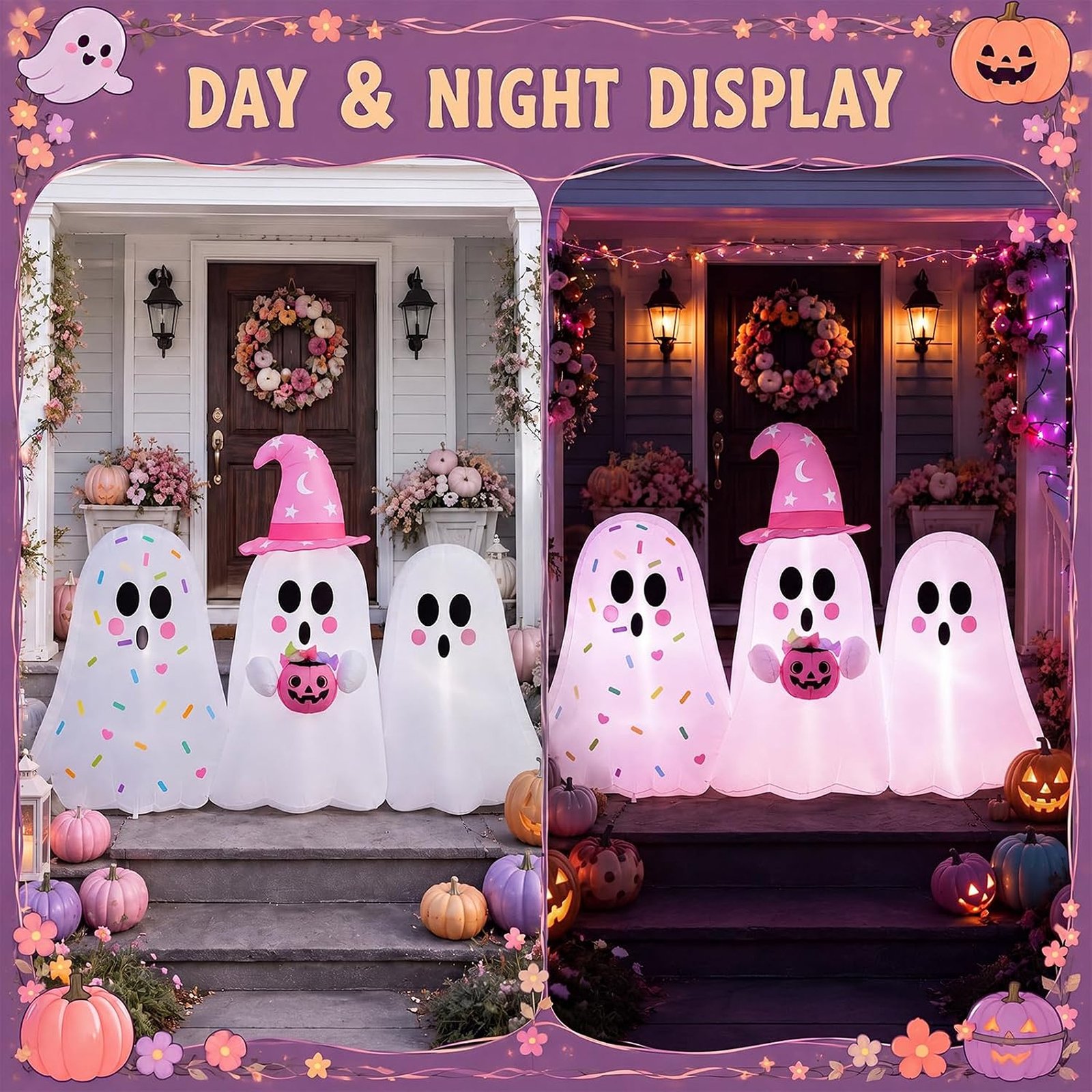 6 Ft Pink Pastel Ghost Halloween Inflatable Outdoor Decoration with LED Lights - Image 3