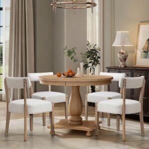 Set of 4 Mid-Century Modern Wooden Dining Chairs with Beige Linen Upholstery
