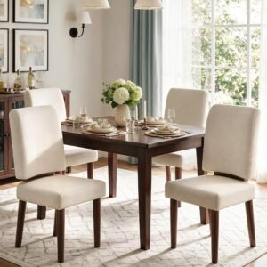Set of 4 Mid-Century Modern Upholstered Dining Chairs with Curved Backrests and Solid Wood Legs
