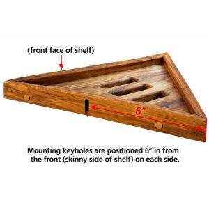Solid Teak Wood Floating Corner Shower Shelf with Drainage Slots and Raised Edges