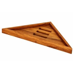 Solid Teak Wood Floating Corner Shower Shelf with Drainage Slots and Raised Edges