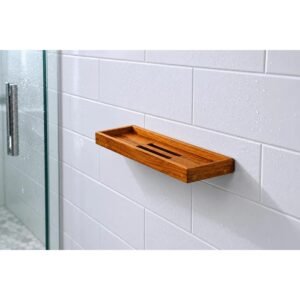 Solid Teak Wood Floating Shower Shelf with Wall Mount and Drainage Slots