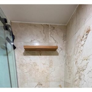 Solid Teak Wood Floating Shower Shelf with Wall Mount and Drainage Slots