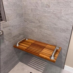 Wall-Mounted Folding Teak Shower Bench with Stainless Steel Grab Bars