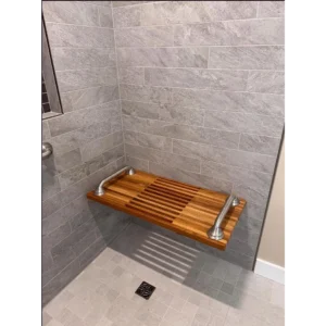 Wall-Mounted Folding Teak Shower Bench with Stainless Steel Grab Bars