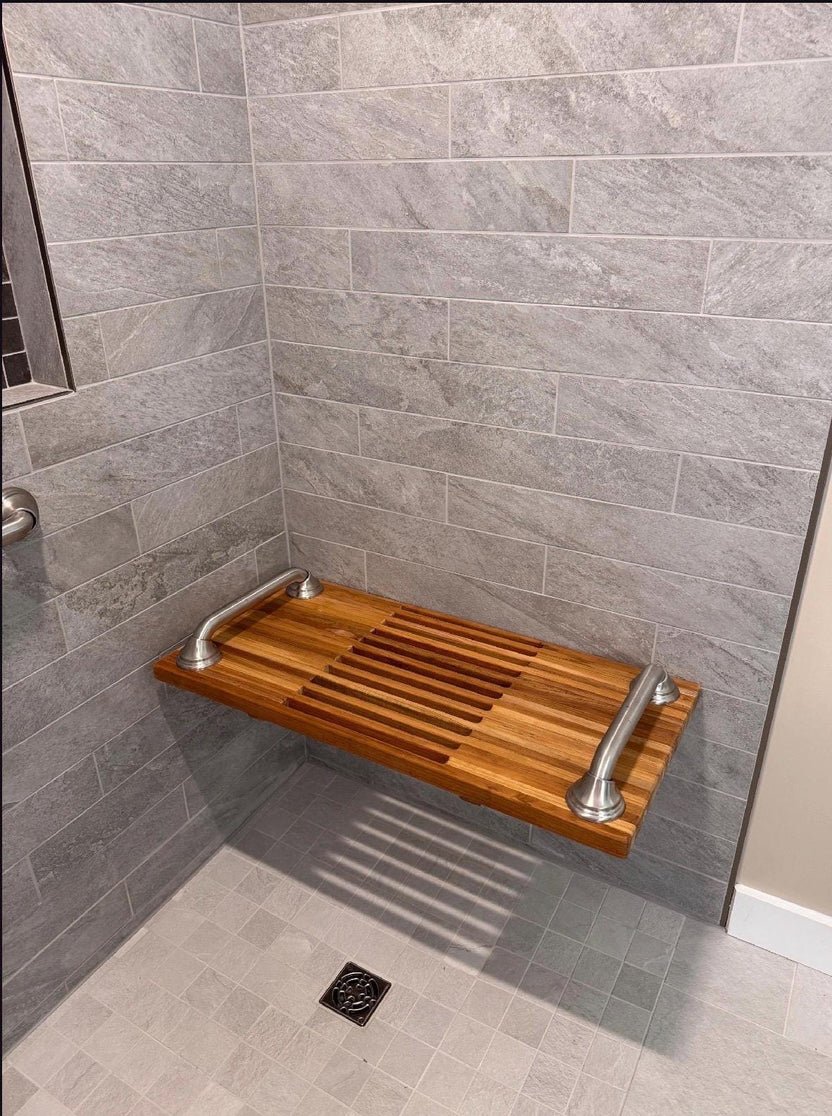 Wall-Mounted Folding Teak Shower Bench with Stainless Steel Grab Bars
