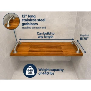 Wall-Mounted Folding Teak Shower Bench with Stainless Steel Grab Bars
