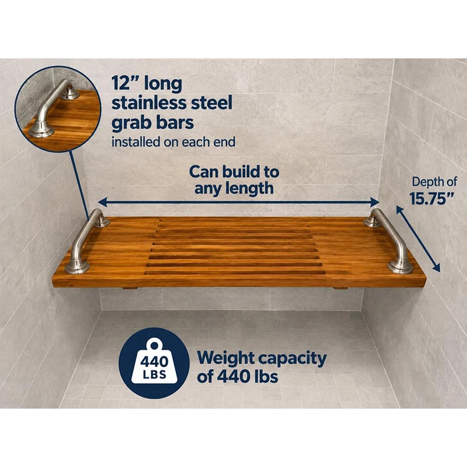 Wall-Mounted Folding Teak Shower Bench with Stainless Steel Grab Bars - Image 2