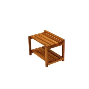 Solid Teak Wood Two-Tier Bathroom Storage Rack with Slatted Shelves