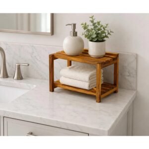 Solid Teak Wood Two-Tier Bathroom Storage Rack with Slatted Shelves