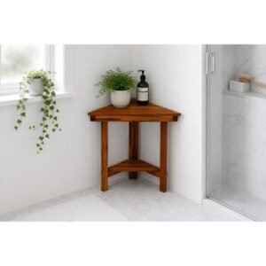 Solid Teak Wood Corner Shower Bench with Storage Shelf and Non-Slip Legs