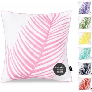 20 x 20 Inch Hand-Embroidered Palm Leaf Decorative Throw Pillow with Goose Down Insert, Pink