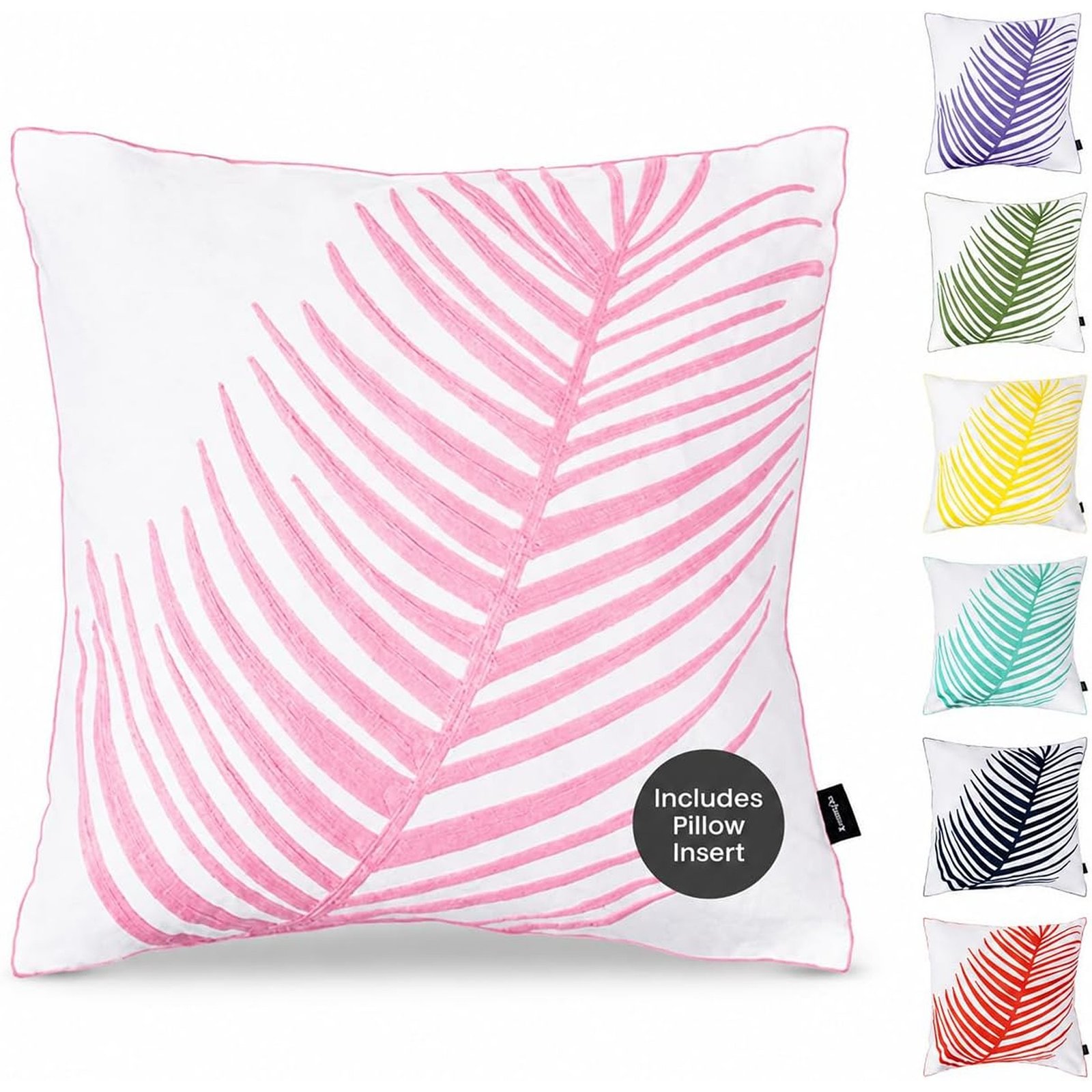 20 x 20 Inch Hand-Embroidered Palm Leaf Decorative Throw Pillow with Goose Down Insert, Pink
