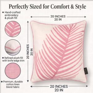 20 x 20 Inch Hand-Embroidered Palm Leaf Decorative Throw Pillow with Goose Down Insert, Pink