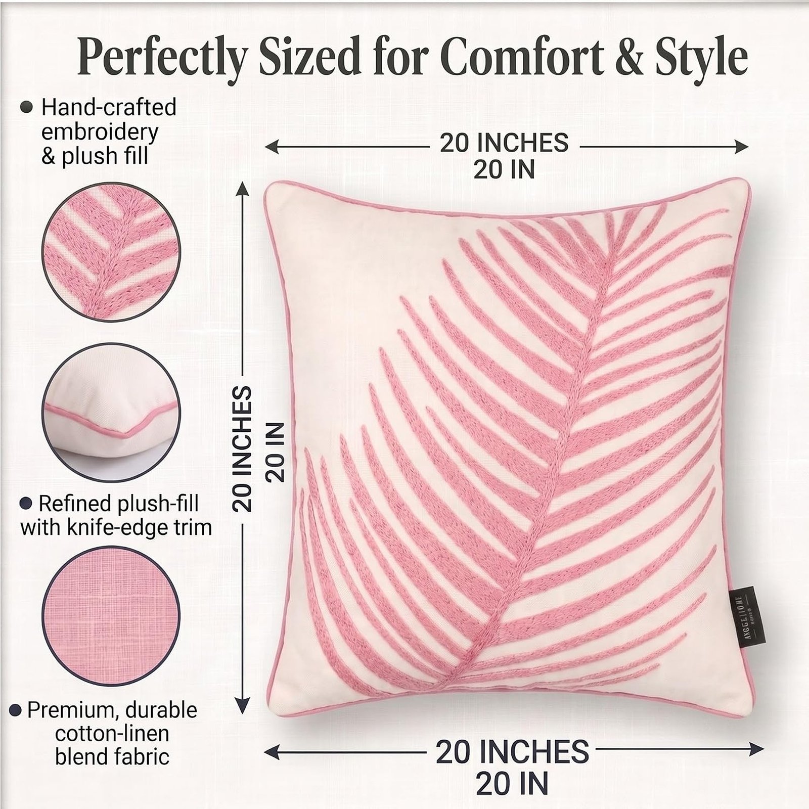 20 x 20 Inch Hand-Embroidered Palm Leaf Decorative Throw Pillow with Goose Down Insert, Pink - Image 2