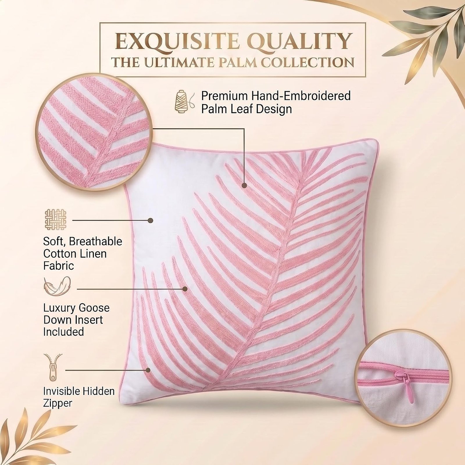 20 x 20 Inch Hand-Embroidered Palm Leaf Decorative Throw Pillow with Goose Down Insert, Pink - Image 3