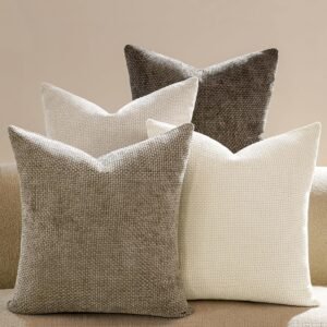 Set of 4 Premium Chenille Decorative Throw Pillow Covers, 18 x 18 Inch, Neutral Tones