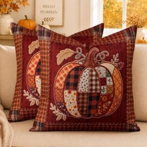Set of 2 Rustic Pumpkin Patchwork Fall Throw Pillow Covers, 18 x 18 Inch