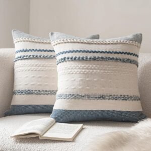 Set of 2 Blue Textured Boho Throw Pillow Covers, 18 x 18 Inch