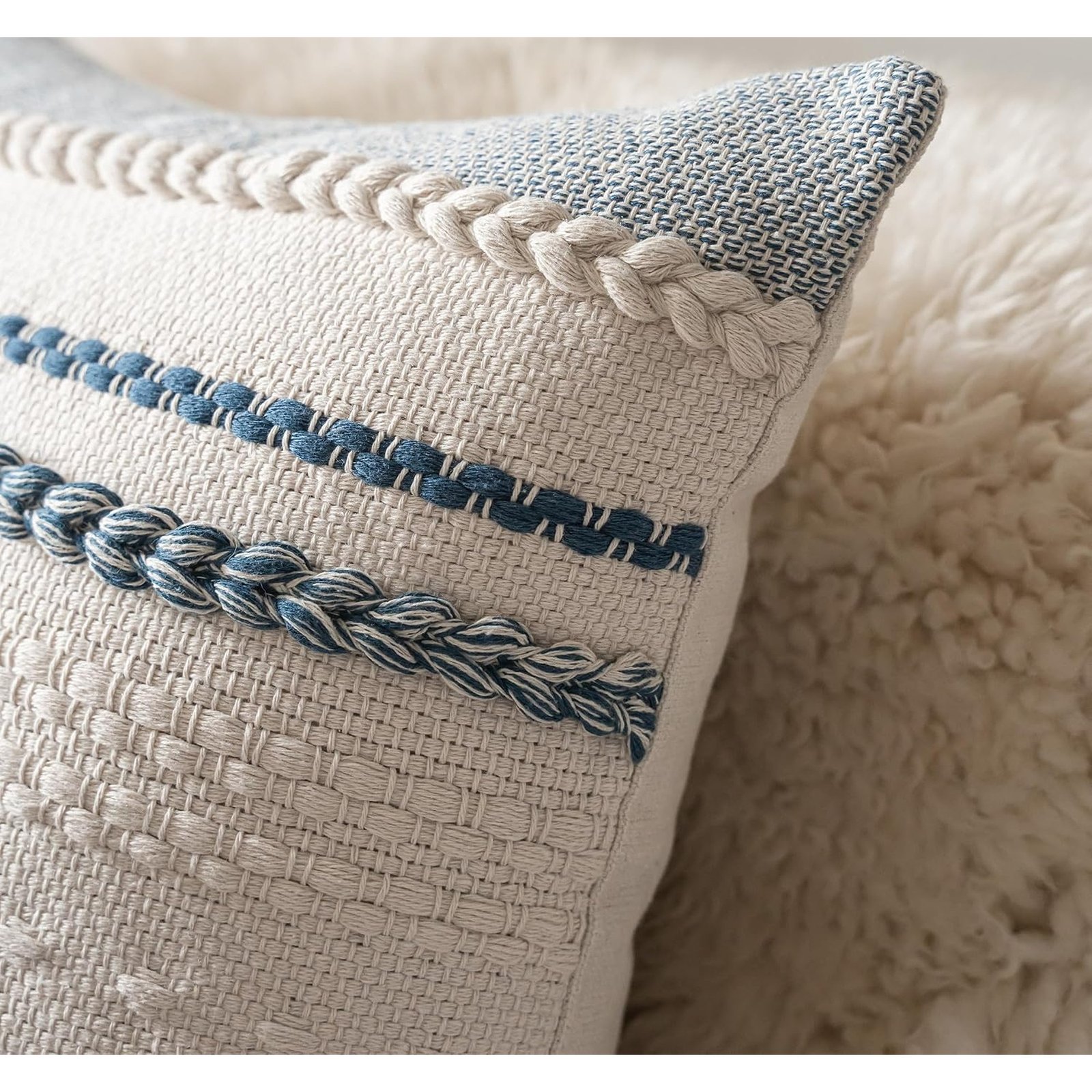 Set of 2 Blue Textured Boho Throw Pillow Covers, 18 x 18 Inch - Image 4