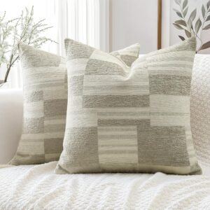 Set of 2 Geometric Chenille Decorative Pillow Covers, 18 x 18 Inch, Beige