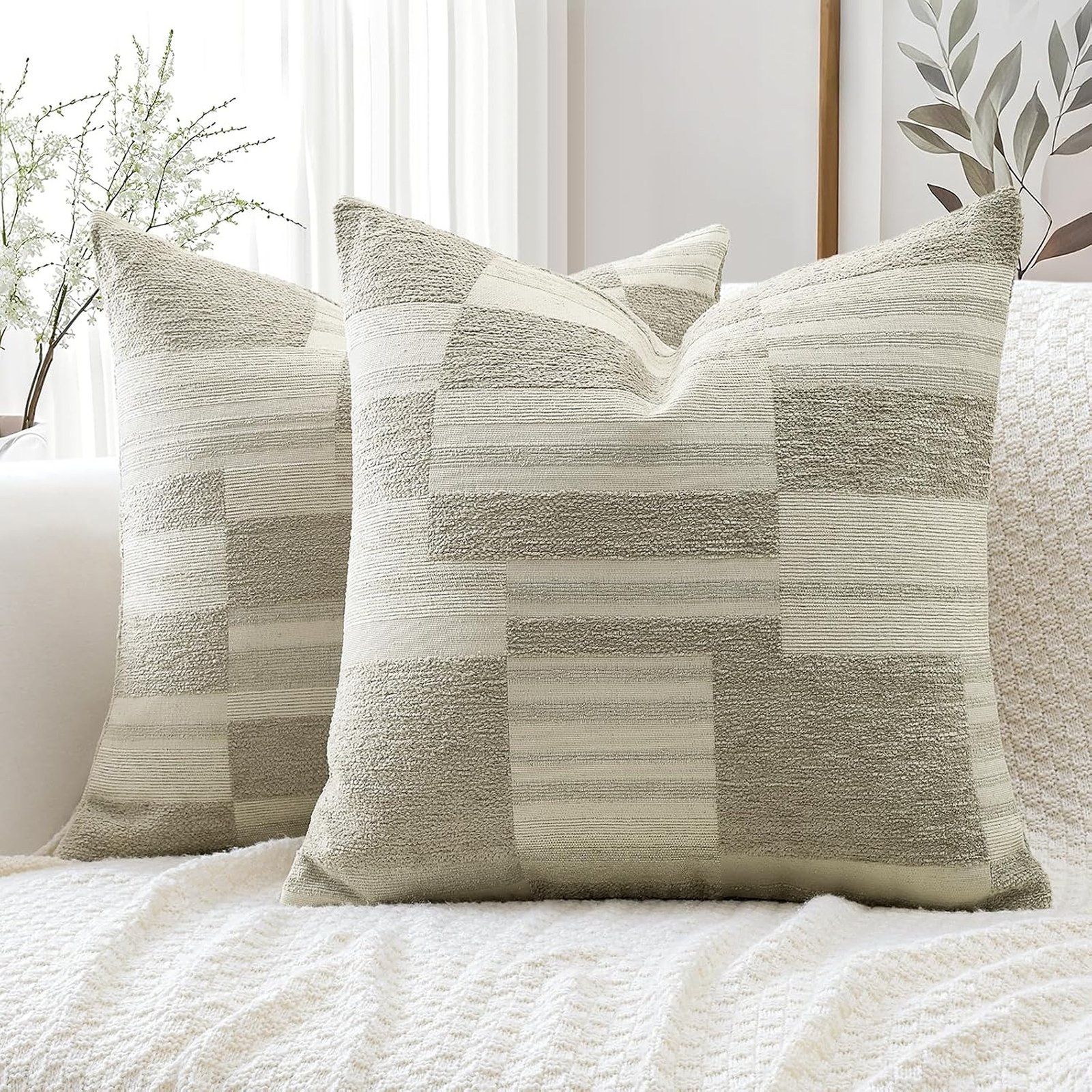 Set of 2 Geometric Chenille Decorative Pillow Covers, 18 x 18 Inch, Beige
