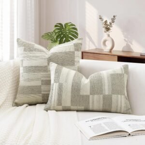 Set of 2 Geometric Chenille Decorative Pillow Covers, 18 x 18 Inch, Beige