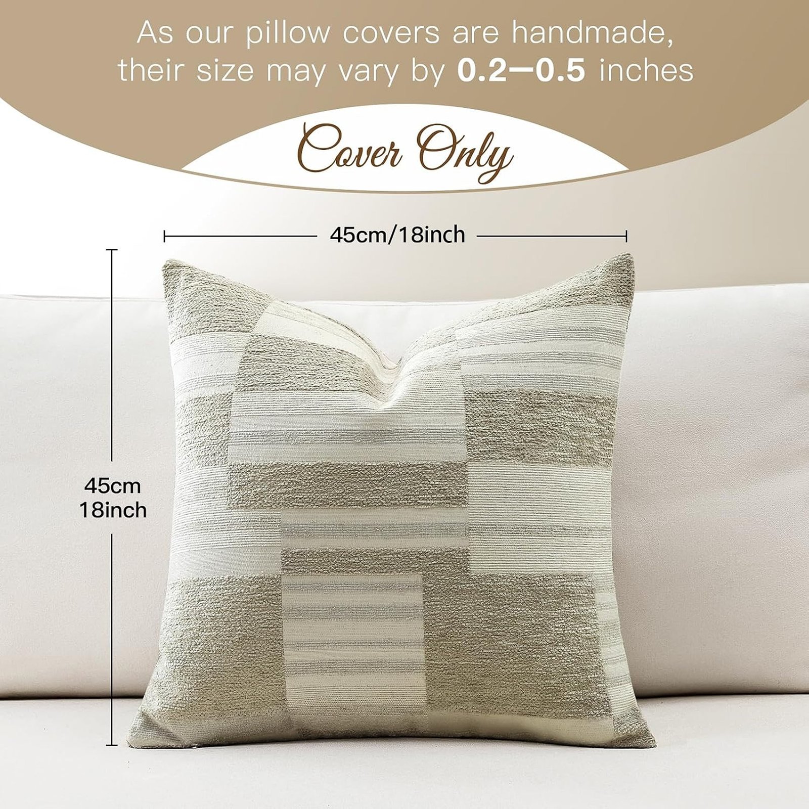 Set of 2 Geometric Chenille Decorative Pillow Covers, 18 x 18 Inch, Beige - Image 5