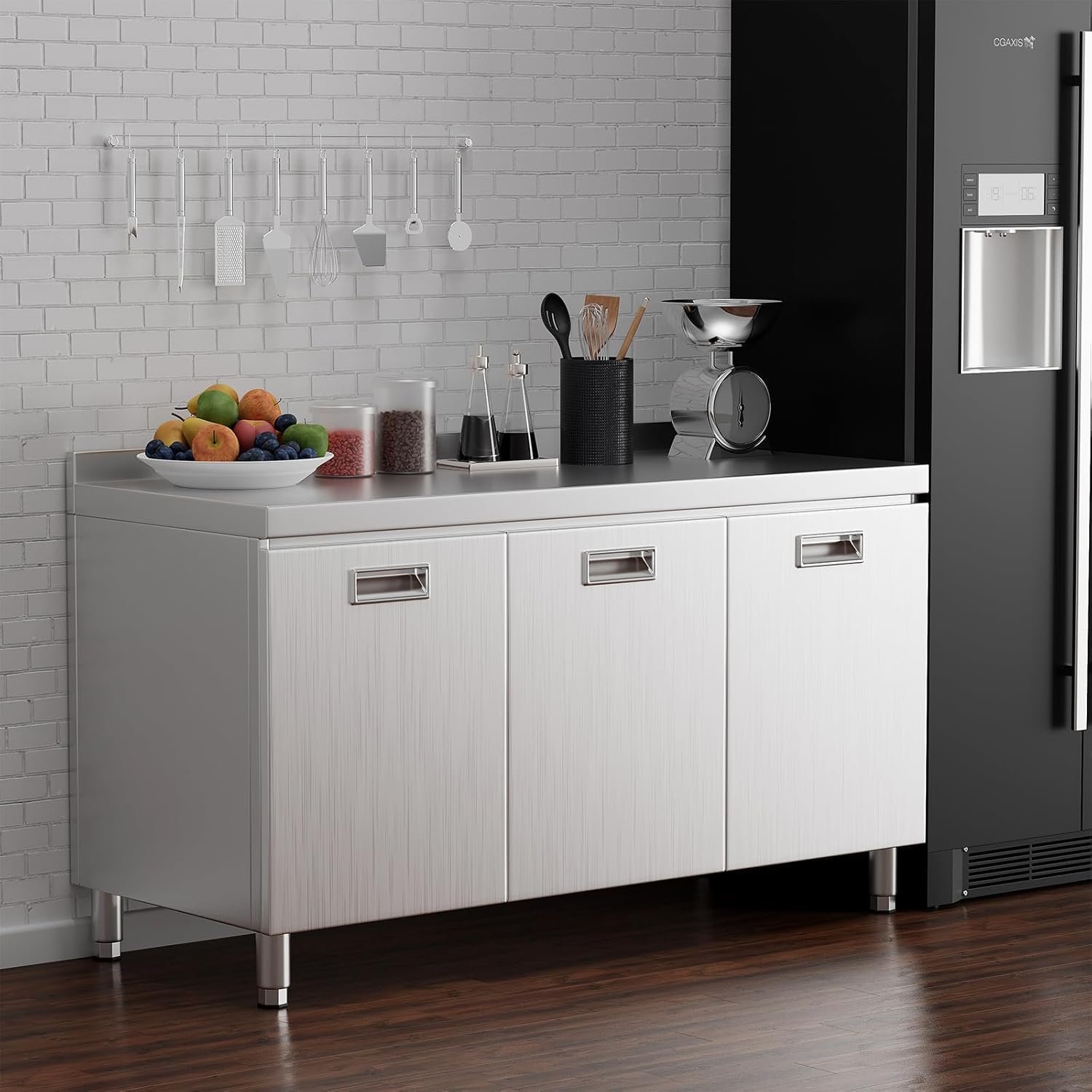 Heavy-Duty Stainless Steel Commercial Prep Table with 3-Door Storage Cabinet, 55 x 21 Inches