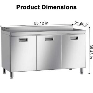 Heavy-Duty Stainless Steel Commercial Prep Table with 3-Door Storage Cabinet, 55 x 21 Inches
