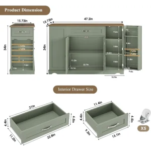 47-Inch Green Rolling Kitchen Island Cart with Storage