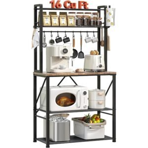 5-Tier Rustic Brown Kitchen Baker’s Rack with Microwave Stand, Coffee Station Storage and Hooks