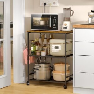 3-Tier Rolling Kitchen Microwave Cart with Storage Shelves and Lockable Wheels