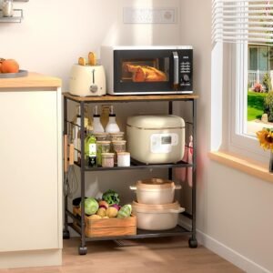 3-Tier Rolling Kitchen Microwave Cart with Storage Shelves and Lockable Wheels
