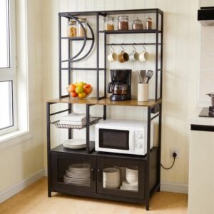 5-Tier Black Kitchen Baker’s Rack with Power Outlet, Storage Cabinet and Hooks