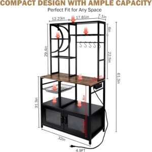 5-Tier Black Kitchen Baker’s Rack with Power Outlet, Storage Cabinet and Hooks