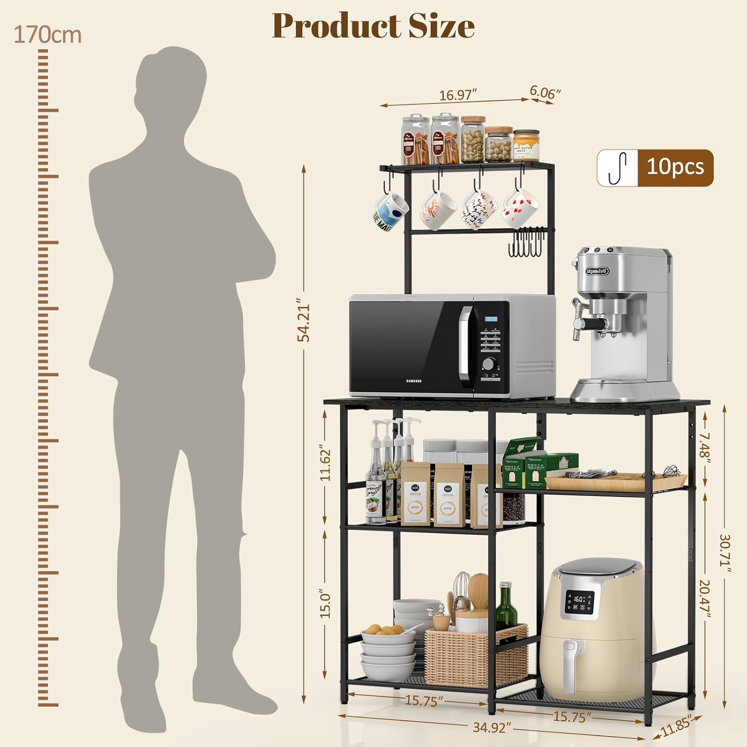 6-Tier Gray Kitchen Baker’s Rack with Adjustable Shelves, Microwave Stand and Storage Hooks - Image 2