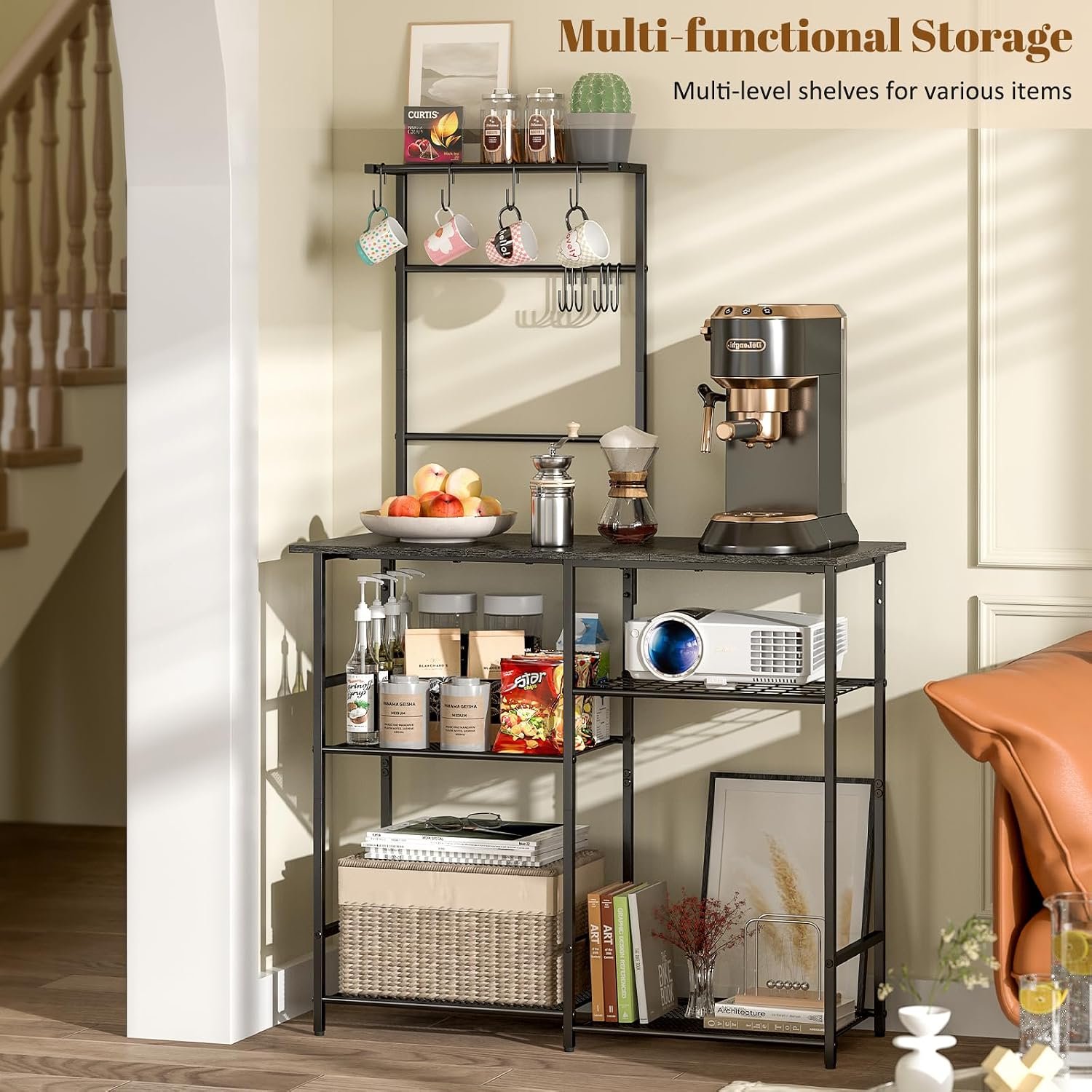 6-Tier Gray Kitchen Baker’s Rack with Adjustable Shelves, Microwave Stand and Storage Hooks - Image 3