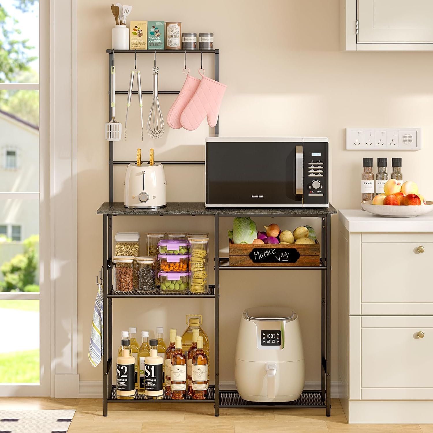 6-Tier Gray Kitchen Baker’s Rack with Adjustable Shelves, Microwave Stand and Storage Hooks - Image 4