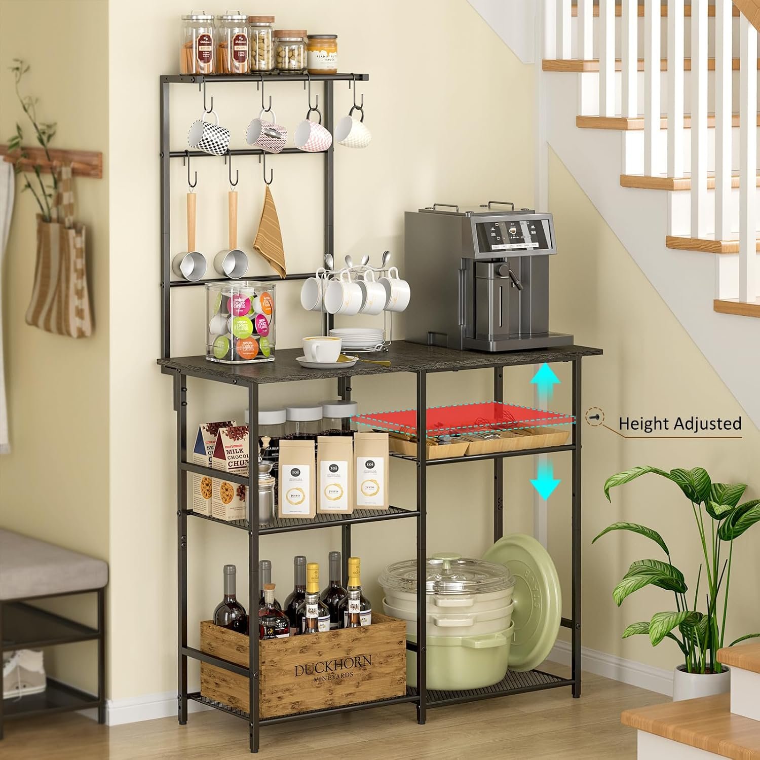 6-Tier Gray Kitchen Baker’s Rack with Adjustable Shelves, Microwave Stand and Storage Hooks - Image 6