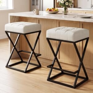 Set of 2 Cream White Faux Leather Counter Height Bar Stools, 26 Inches