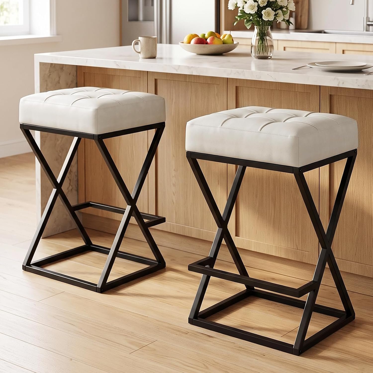 Set of 2 Cream White Faux Leather Counter Height Bar Stools, 26 Inches