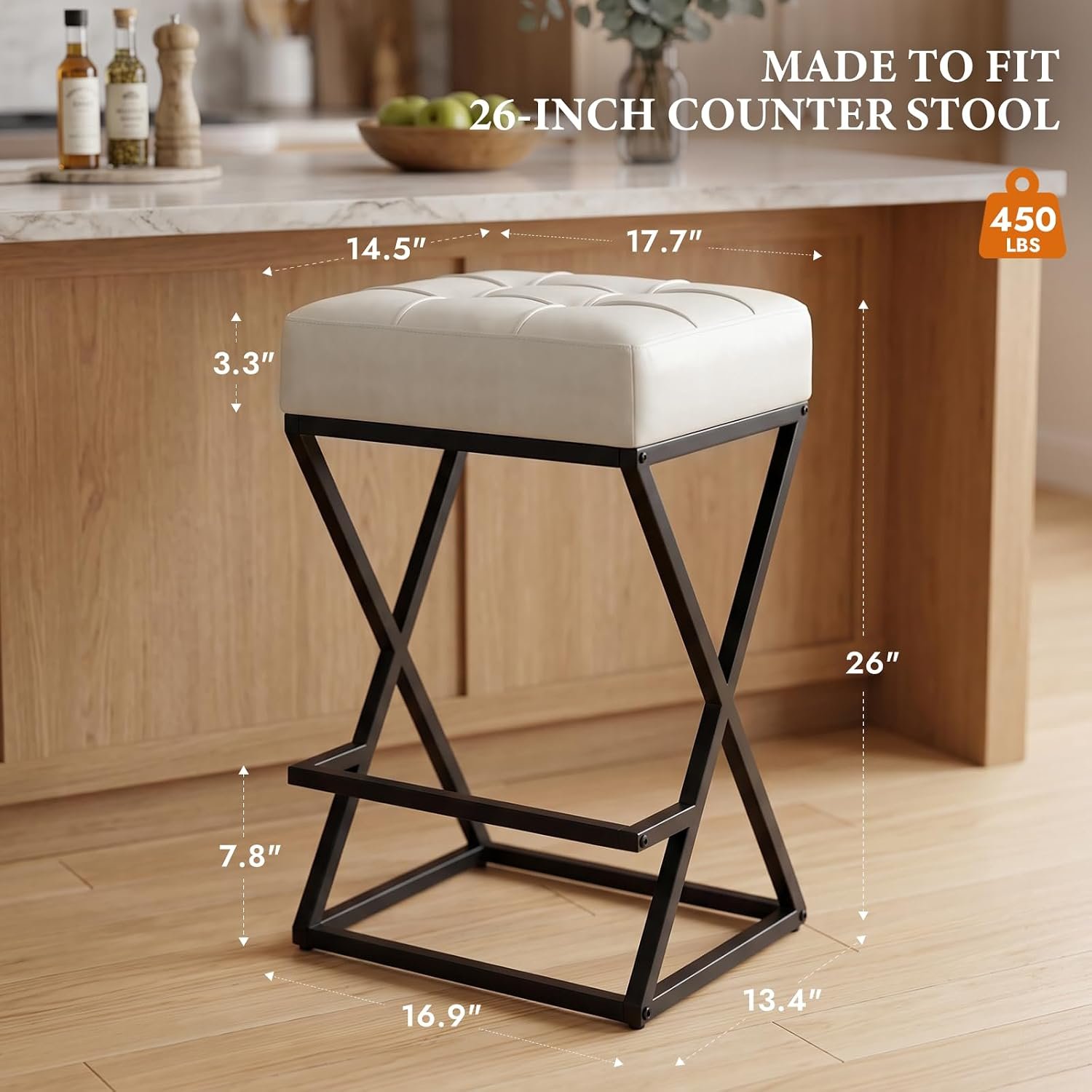 Set of 2 Cream White Faux Leather Counter Height Bar Stools, 26 Inches - Image 3