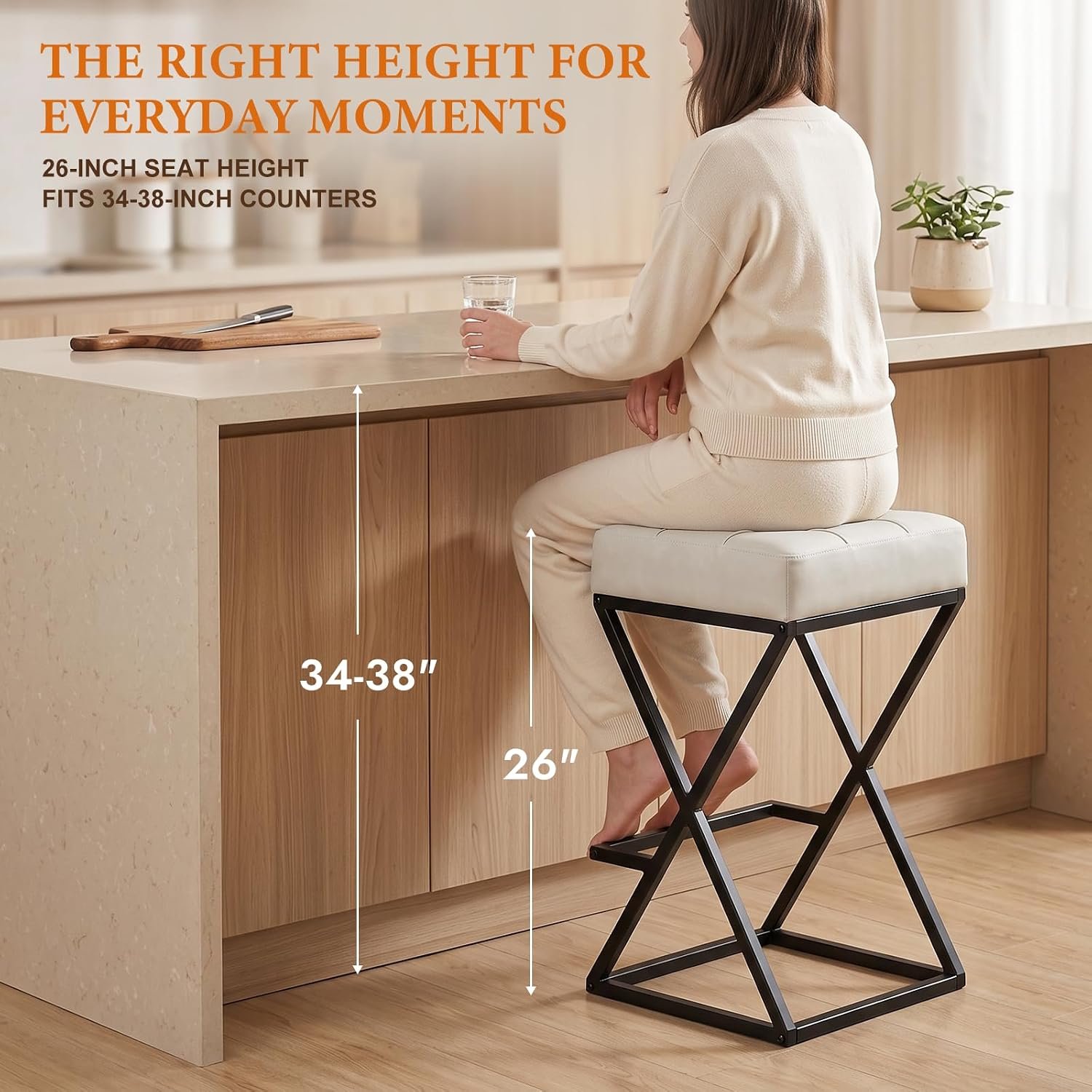 Set of 2 Cream White Faux Leather Counter Height Bar Stools, 26 Inches - Image 4
